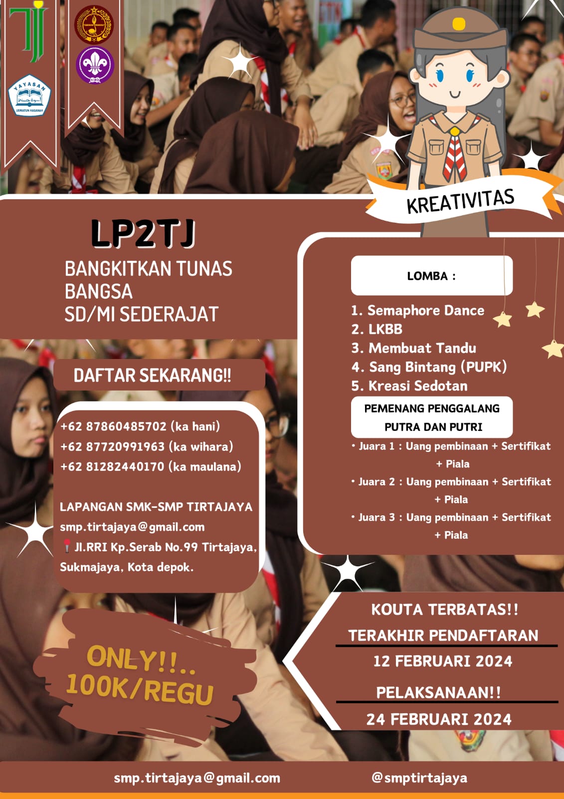 Gambar Thumbnail untuk berita LOMBA PRAMUKA PENGGALANG TIRTAJAYA (LP2TJ) 2024 AYO DAFTARKAN SEKOLAHMU!
